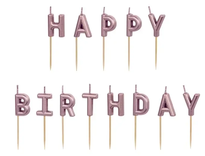 Tordiküünlad "Happy Birthday"  2,5cm (13tk/pk) roosakuld 
