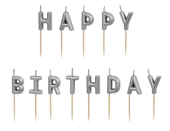 Tordiküünlad "Happy Birthday"  2,5cm (13tk/pk) hõbe