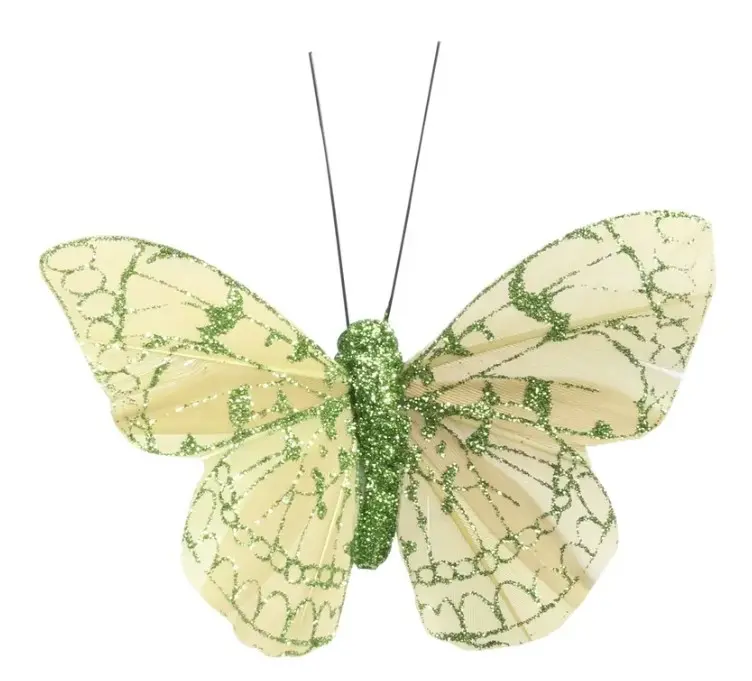 Liblikas 'Green Feather & Glitter' klambriga 5cm* 8cm 12tk/pk