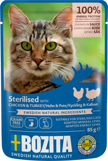 BOZITA Indoor & Sterilised Chicken & Turkey in Sauce märgtoit kassile 85g