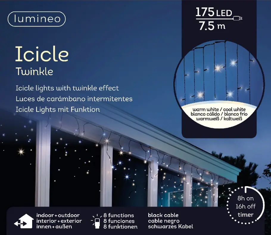 Jääpurika LED kardin 7,5m must/soe-külm 8f sädelev ef